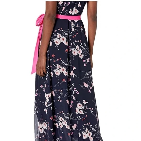 Eliza J NWT Navy and Pink Floral High-Low Maxi Dress with pink sash size 6 - Picture 3 of 14